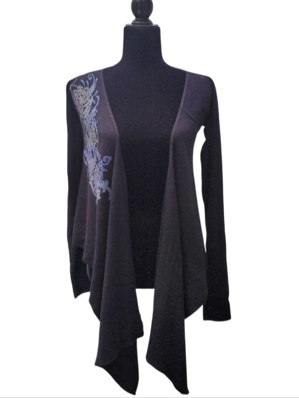 Black Women's Tie-Front Sweater with Blue Floral Accent Size M